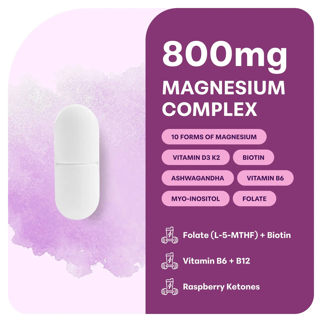 Magnesium Complex for Women, 240 Vegetarian Capsules | 20-In-1 Formula - Magnesium Blend with Vitamin D3, K2, Ashwagandha & More | Filler Free, Non-Gmo