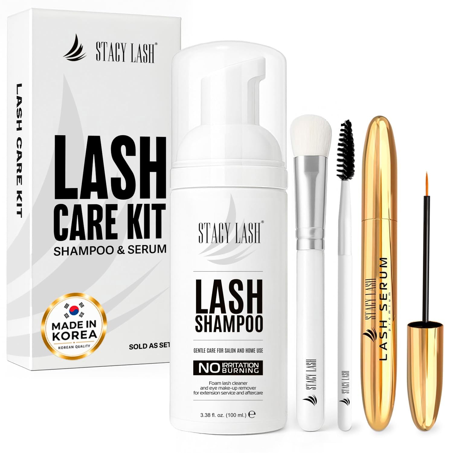 Shampoo 100Ml Cleaning Kit of Korean Makeup Remover (Foam Cleanser) & Shampoo Brush & Mascara Brush Bundle with Eyelash Serum 5Ml for Lash Growth and Thickness