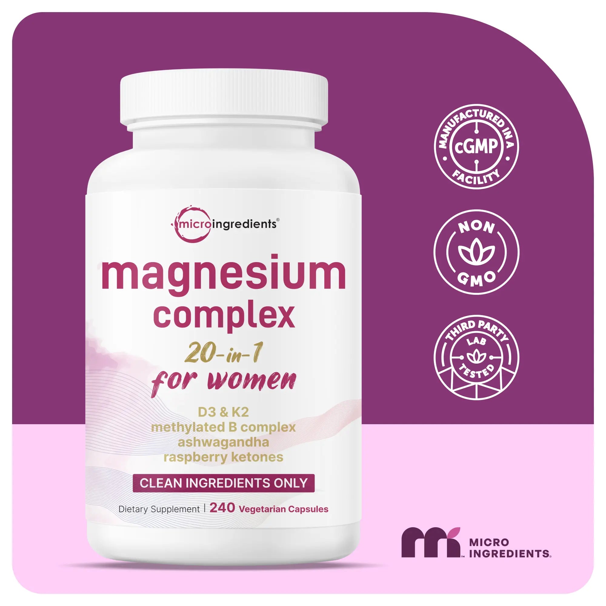 Magnesium Complex for Women, 240 Vegetarian Capsules | 20-In-1 Formula - Magnesium Blend with Vitamin D3, K2, Ashwagandha & More | Filler Free, Non-Gmo
